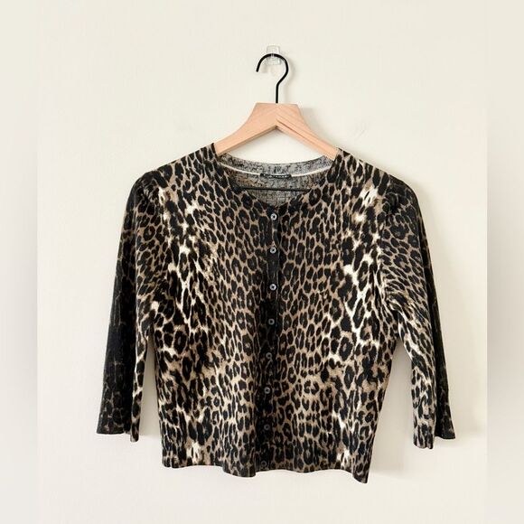 Elie Tahari Merino Wool 3/4 Sleeve Cardigan Sweater in Brown Black Leopard - M - Picture 1 of 6